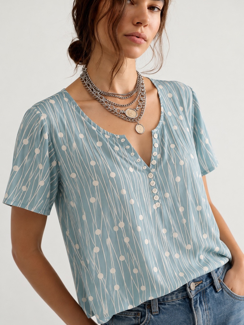 305. Light Blue Polka Dot Short Sleeve V-Neck Top